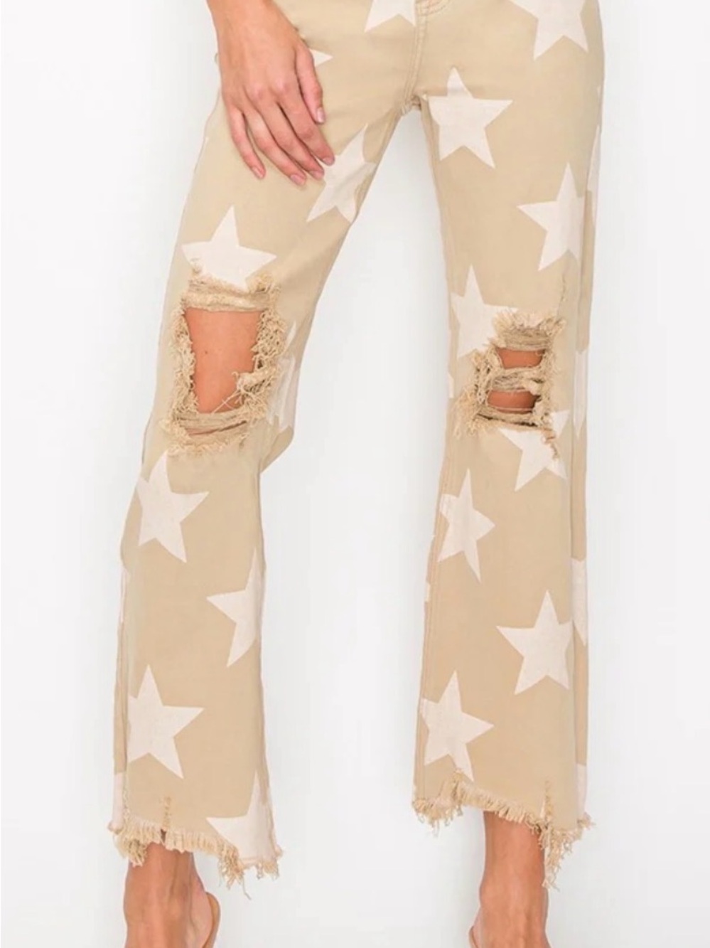 RISEN Cream Star-Print Wide Leg Jeans